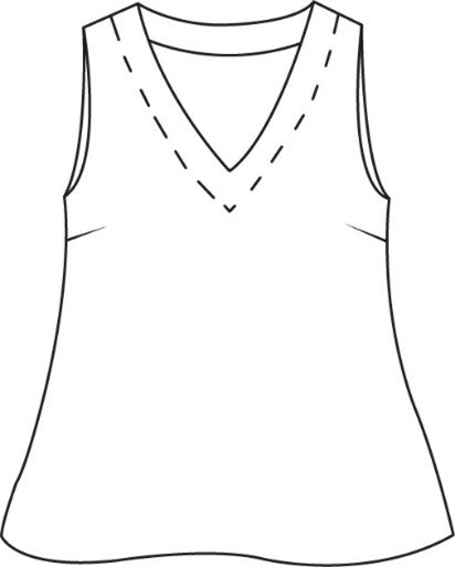 Gem Tank, detailed sketch shown.  Sleeveless tank, with a v-neckline, bust darts for shaping, and an A-line shape, 100% European Linen, Machine Washable.
