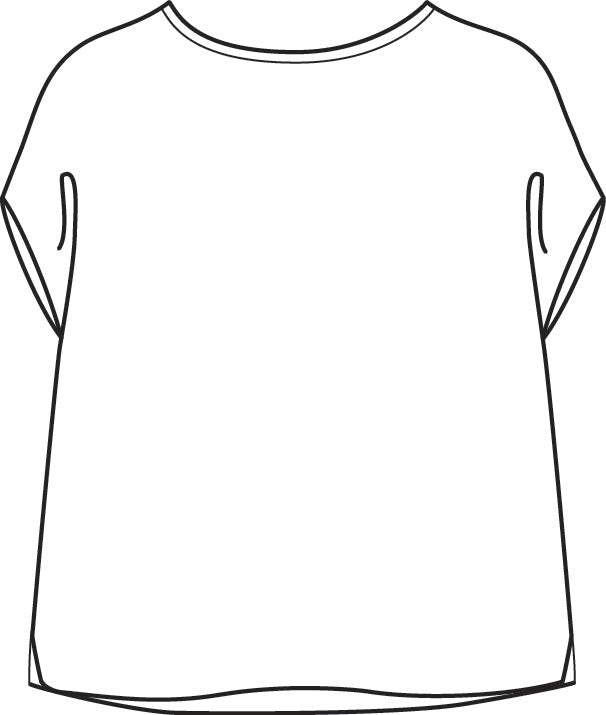 Mia Tee, detailed sketch shown.  Features a high rounded neckline, drop shoulders and short sleeves, with a relaxed shape, finished with side slits, landing on the hip.  100% Linen or 100% lightweight Linen Gauze.