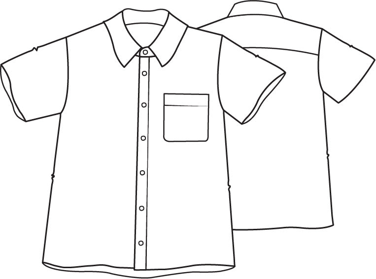 Cherished Shirt, detailed sketch.  Collared, short sleeves, single chest pocket, button-down front, boxy shape, back yoke detail, hip-length. 100% Medium-weight European Linen, with natural Corozo buttons.