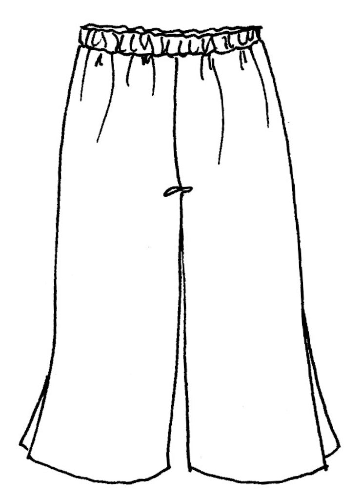 Push Out's (detailed sketch shown) - a cropped linen pant with a full elastic waist, a single back pocket, and comfy wide legs, hem finished with side slits. 100% European Linen
