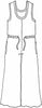 Urban Jumpsuit, detailed sketch.  100% European Linen (body) with Cotton Knit trim (92% Cotton-8% Spandex).  Sleeveless, with drawstring waist, 2 side seam pockets, and wide flowing pant legs.