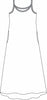 Maxi Dress, detailed sketch shown.  100% Linen (body), and the Shaded area shows the Cotton Knit trim along the rounded neckline, spaghetti straps, and armholes, for added comfort.  2 side pockets, an a-line shape, and a hi-low hem, finishing at a long maxi length.
