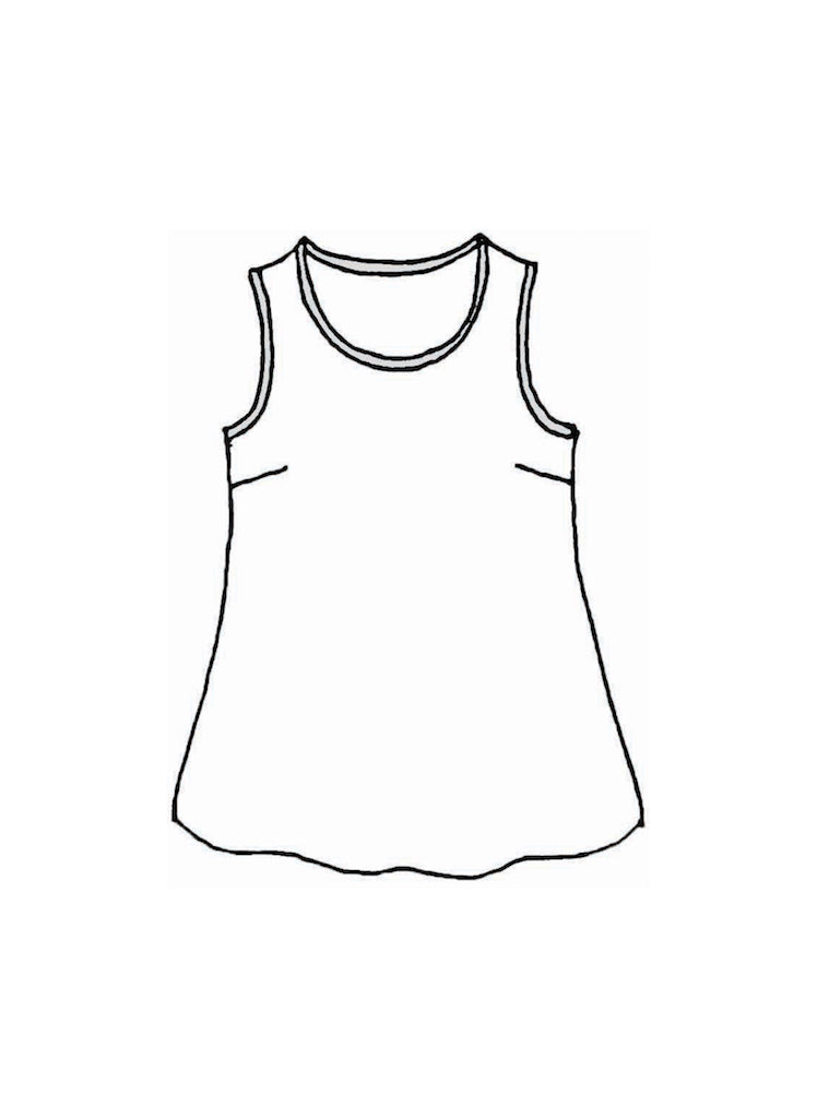 Everyday Tank (Detailed Sketch), 100% Linen body, bust darts for shaping, and shaded areas represent the Cotton Knit trim along the neckline and arm holes.