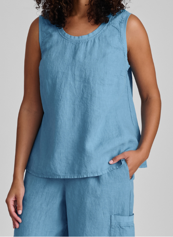 Everyday Tank, shown in Caribbean (blue), size Small.  Featuring 100% Linen (body) with soft Cotton Knit trim along the neckline and arms holes.