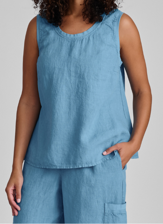 Everyday Tank, shown in Caribbean (blue), size Small.  Featuring 100% Linen (body) with soft Cotton Knit trim along the neckline and arms holes.