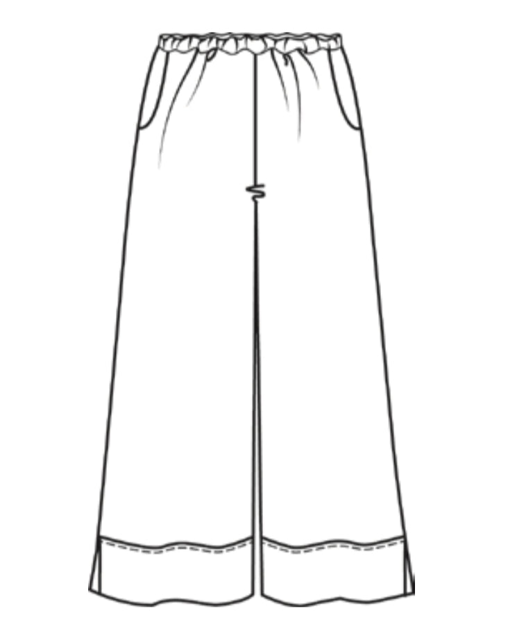 Vented Cuff Pant, sketch shown. Full elastic waist, 2 side pockets, wide legs finished with wide hem and hem slits.