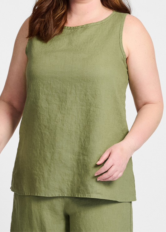 Layer Tank, shown in solid Rosemary. Model is wearing size Medium