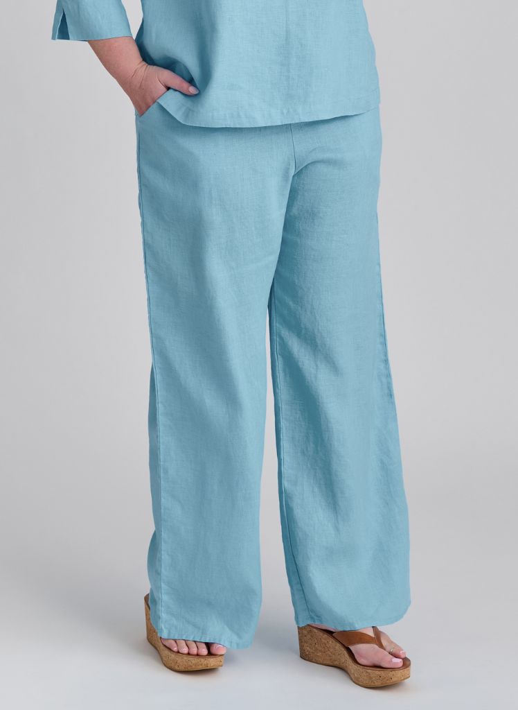 Picnic Pant, shown in Capri Blue, size Medium.  100% European Linen (drawstring waist)