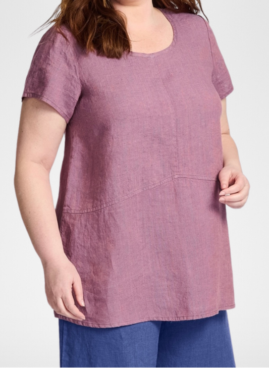 Simplest Tee, shown in Berry Yarn Dye, size Medium.  100% Yarn Dyed Linen