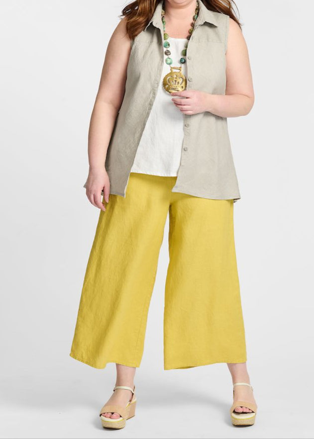 Skyline Blouse (Natural) layered over the Fundamental Tank (White), paired with the Sociable Floods (Goldenrod).  Model is 5'9" tall, wearing size Medium.