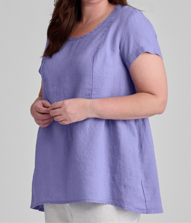 S/S Play in It, shown in Iris, size Medium.  100% European Linen.