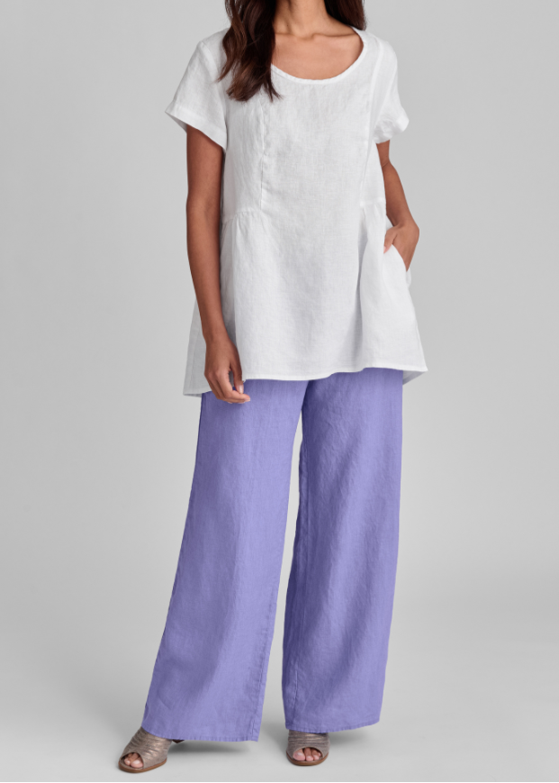 S/S Play in It (White) paired with the full-length Picnic Pant, shown in Iris.  Model is 5’9” tall, wearing size Small.  100% European Linen.