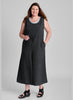 Urban Jumpsuit, shown in Faded Black, size Medium.  Worn layered over the Everyday Tank in Fog (lt grey). Model is 5’9” tall.