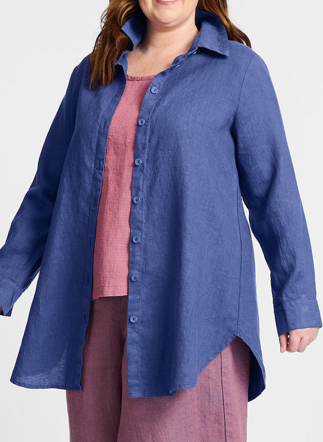 Afternoon Cover, shown in Blueberry, worn unbuttoned over the Layer Tank.  Model is 5'9" tall, wearing size Medium.