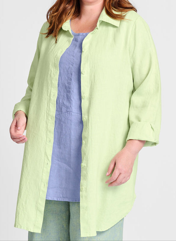 Afternoon Cover (shown in Honeydew), with sleeves rolled up, worn open as a light jacket, layered over the Simplest Tee (Bluebell), size Medium. 100% Linen.