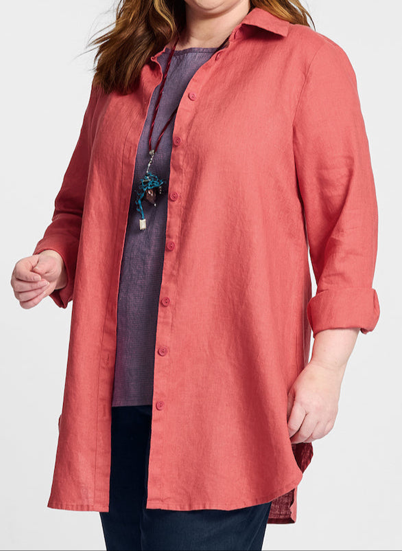 Afternoon Cover, shown in Red Currant, worn with sleeves rolled, unbuttoned over the Layer Tank.  Model is 5'9" tall, wearing size Medium.