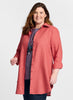 Afternoon Cover, shown in Red Currant, worn with sleeves rolled, unbuttoned over the Layer Tank.  Model is 5'9" tall, wearing size Medium.