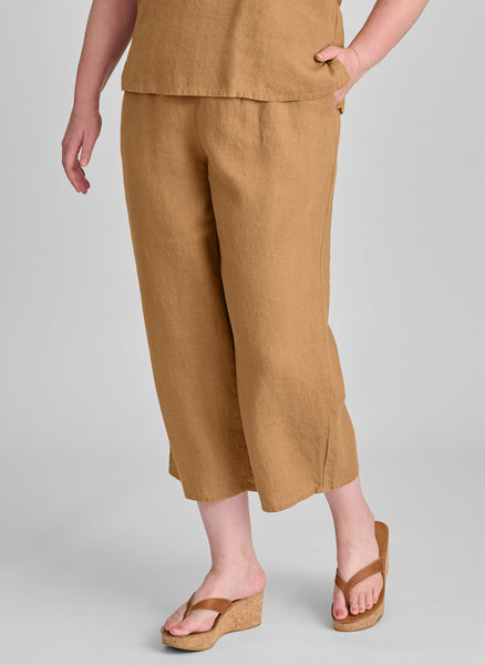 Floods, shown in Ginger.  Model is 5'9" tall, wearing size Medium.  100% European Linen, machine washable.