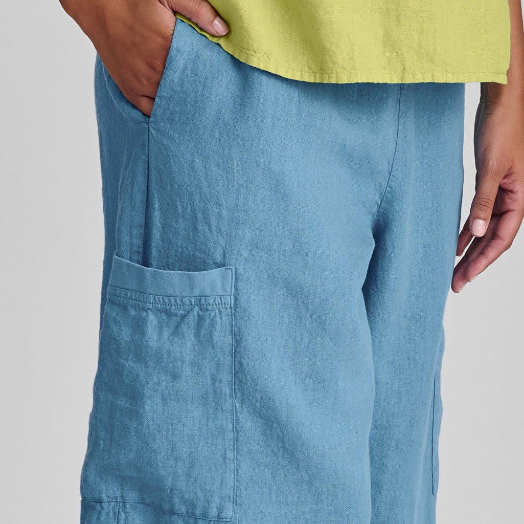 Full Time Pant, shown in Caribbean.  Featuring hidden side pocket detail, and large cargo-style pocket with cotton knit trim.