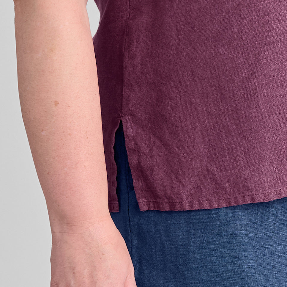 Fundamental Tank (shown in Sangria). zoom on side slit detail