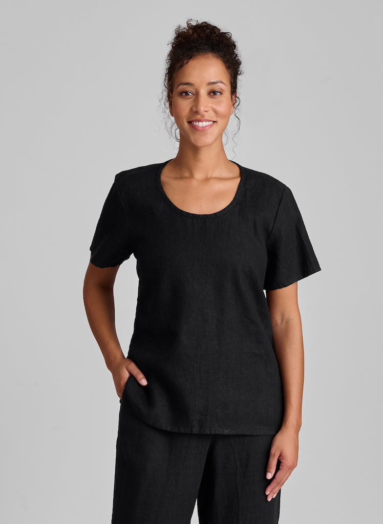 Fundamental Tee, shown in solid Black, size Small.  100% Linen.