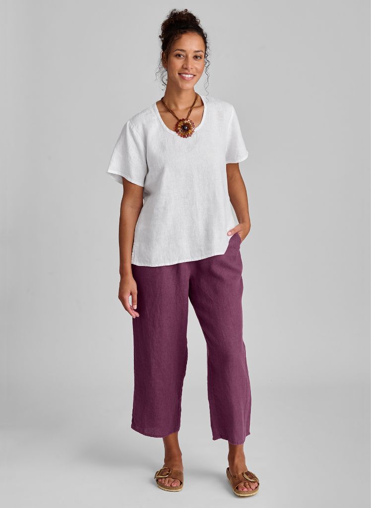 Fundamental Tee (White) paired with Floods (Sangria).  Model is 5’9” tall, wearing size Small.  100% European Linen.
