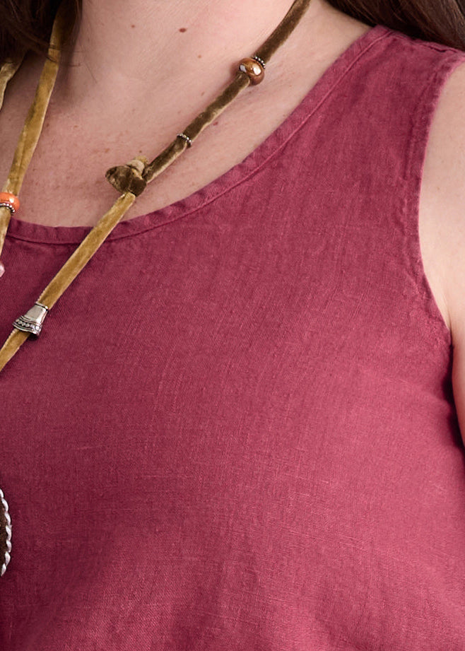 Fundamental Tank, shown in Cranberry.  Featuring scoop neckline and shoulder detail.