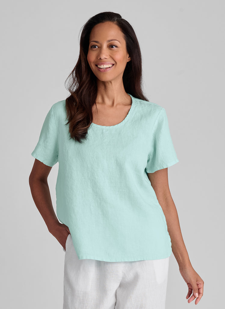 Fundamental Tee, shown in Mint (light mint green), size Small. 100% European Linen.