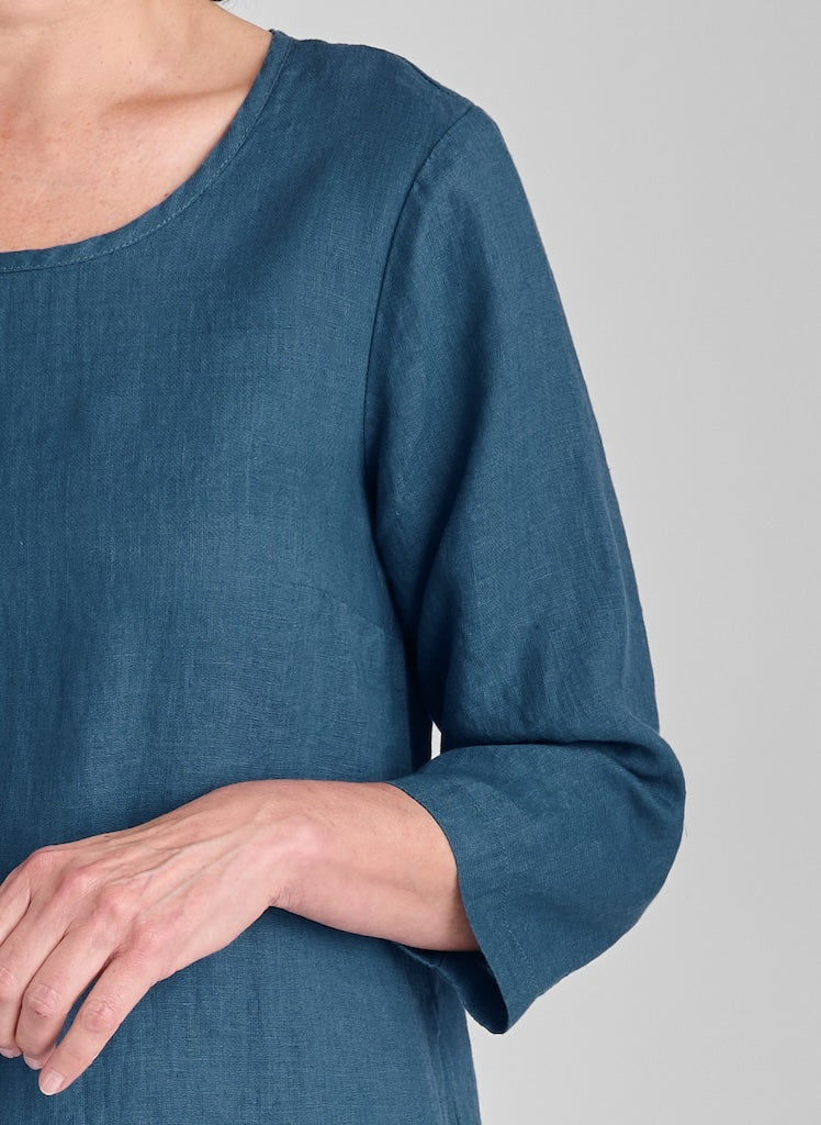 Happy Gather's Dress, shown in Dark Teal, size Small. Featuring a rounded neckline, bust darts for shaping, and 3/4 sleeves.