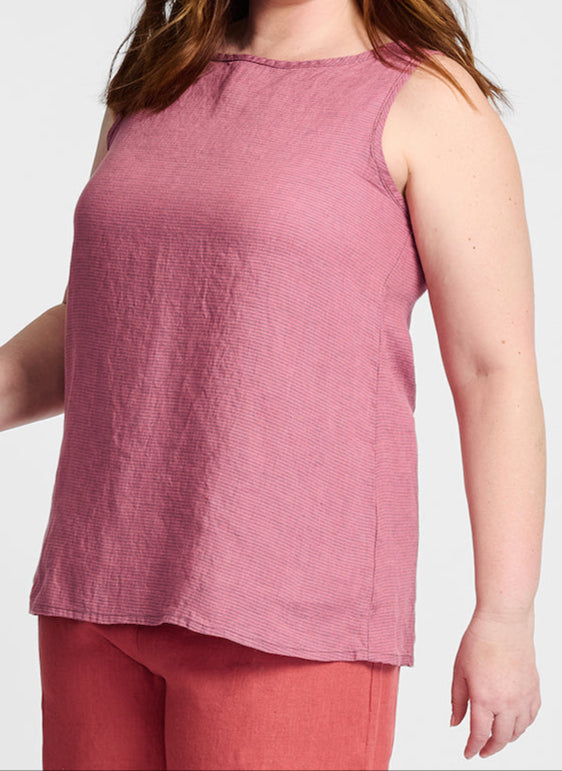 Layer Tank, shown in Red Currant Stripe. Model is 5'9" tall, wearing size Medium.