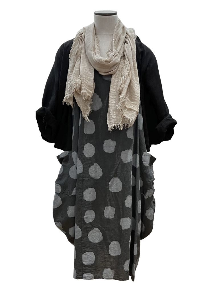 Sleeveless Dot Dress, shown in Charcoal Dot, layered over the Fundamental Tank (in Natural), topped with a neutral scarf and black cardigan. Pair them with leggings and boots for a comfortable layered look this Fall.