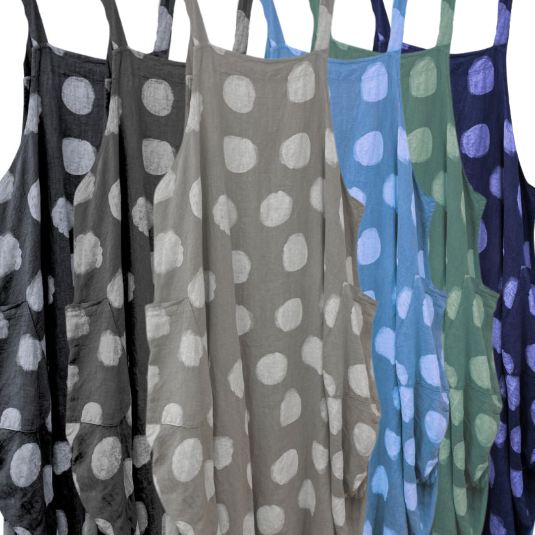 Dot Dress, shown in Black, Charcoal, Taupe, Denim Blue, Olive, and Navy.