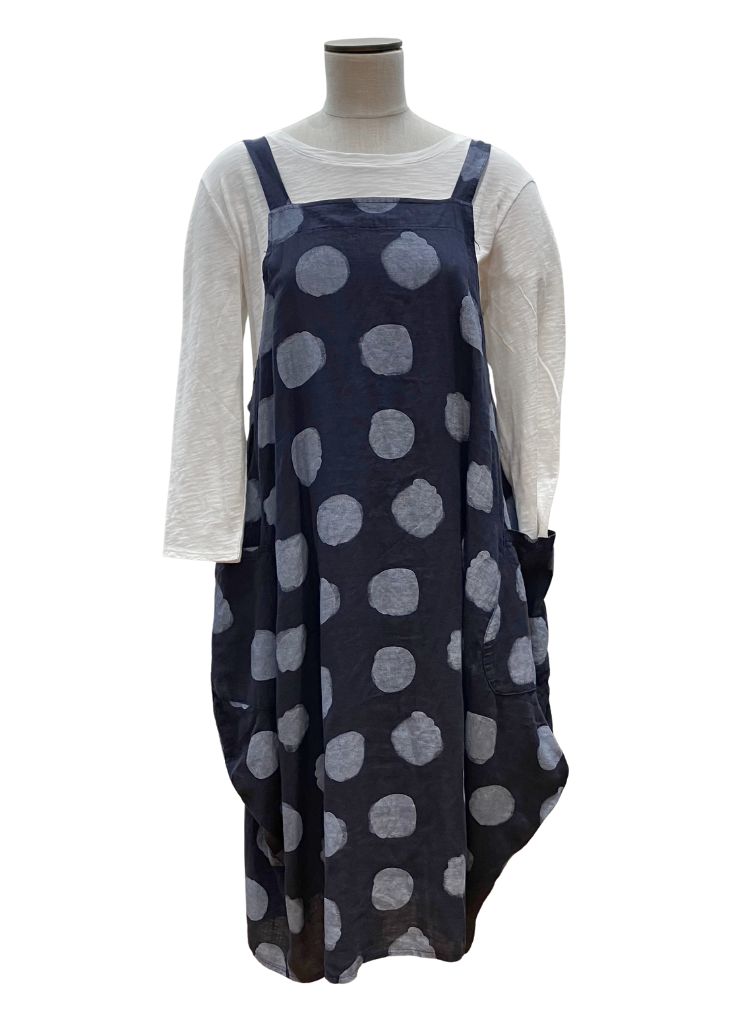 Sleeveless Dot Dress, shown in Navy Dot, layered over a White HI-Low 3/4 Sleeve Cotton Slub Tee.