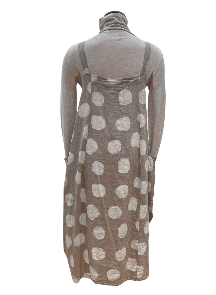Sleeveless Dot Dress, shown in Taupe (layered over a neutral turtleneck), on the back, featuring the center panel detail.