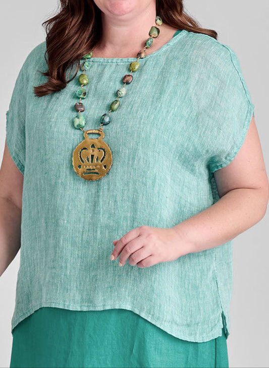 Mia Tee, shown in Lagoon Gauze, size Medium.  100% Linen Gauze, lightweight with a two-tone texture that is slightly sheer.