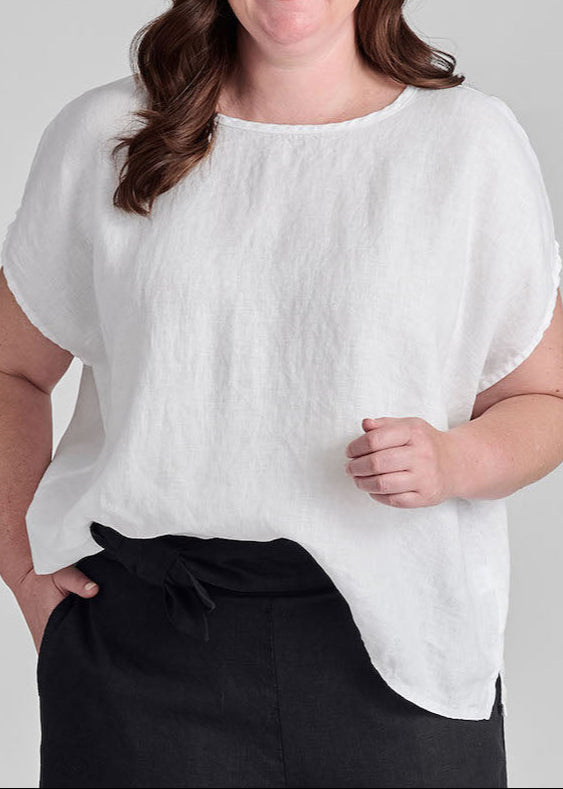 Mia Tee, shown in solid White, size Medium. 100% European Linen.