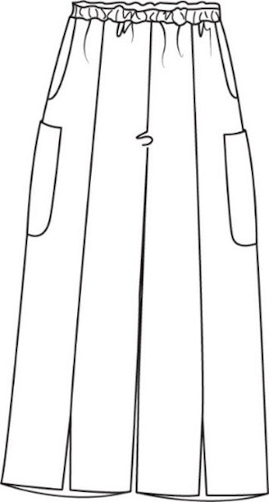 Modern Floods, detailed sketch shows a full elastic waist, 2 side seam pockets, 2 side cargo pockets.  Full and Roomy legs with center seam detail and front hem sits.  100% European Linen.