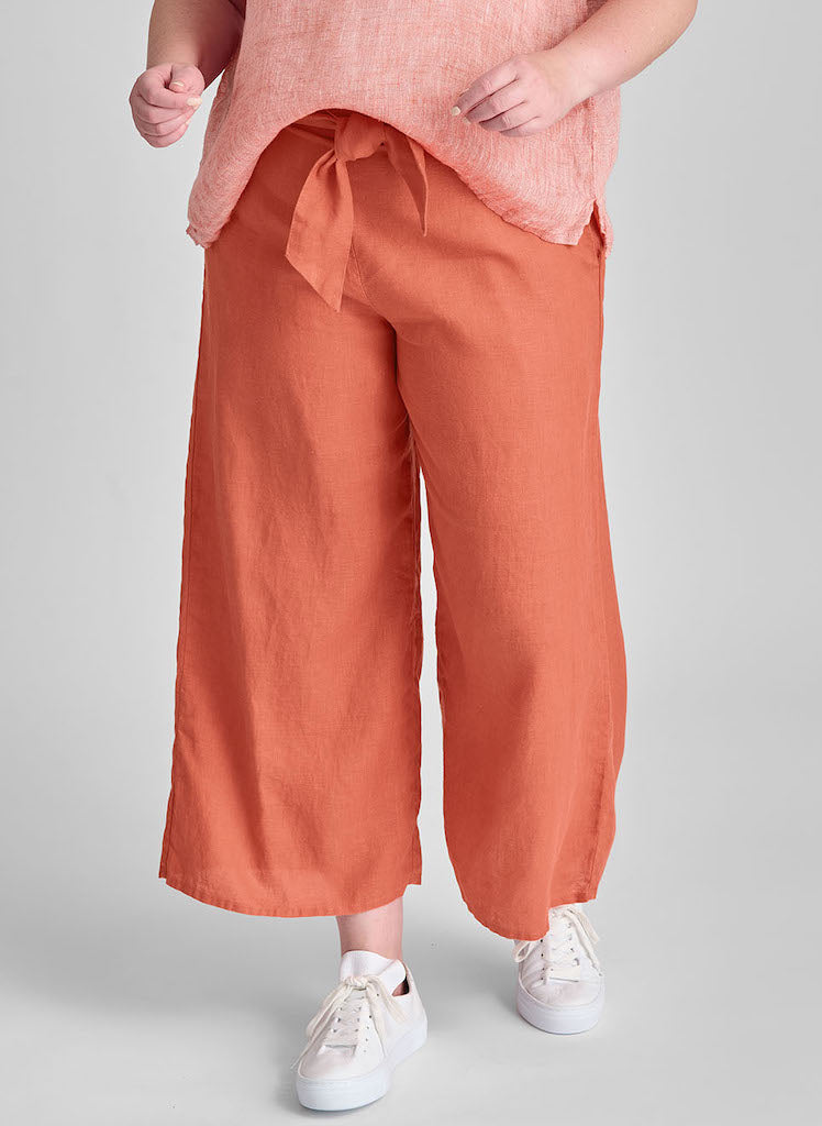 Obi Pant, shown in Poppy, size Medium. 100% European Linen, Machine Washable.