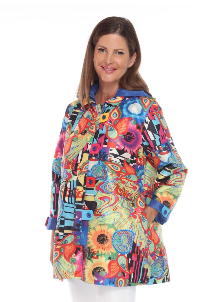 Oopera Rain Coat, shown in Blue, on the reverse side (all over multi print)