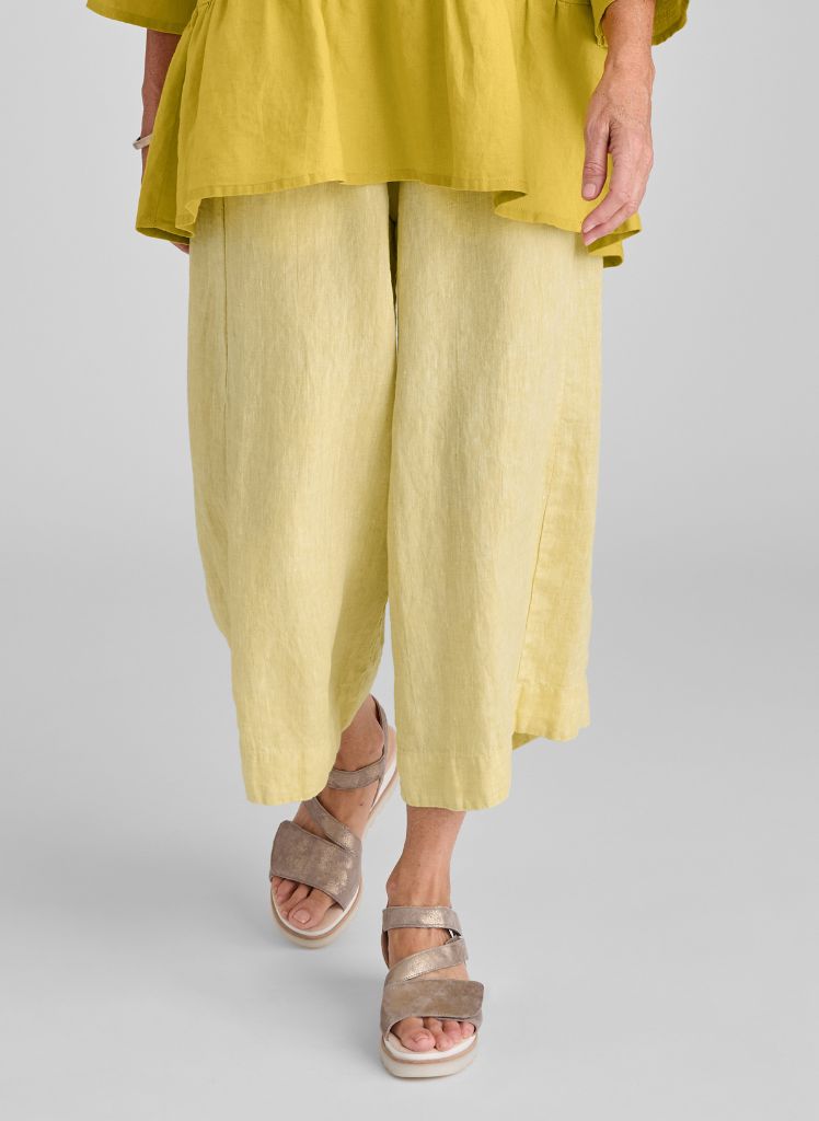 Panel Pant, shown in Citrine Yarn Dye, size Small.  Model is 5'9" tall.  100% European Yarn Dyed Linen.