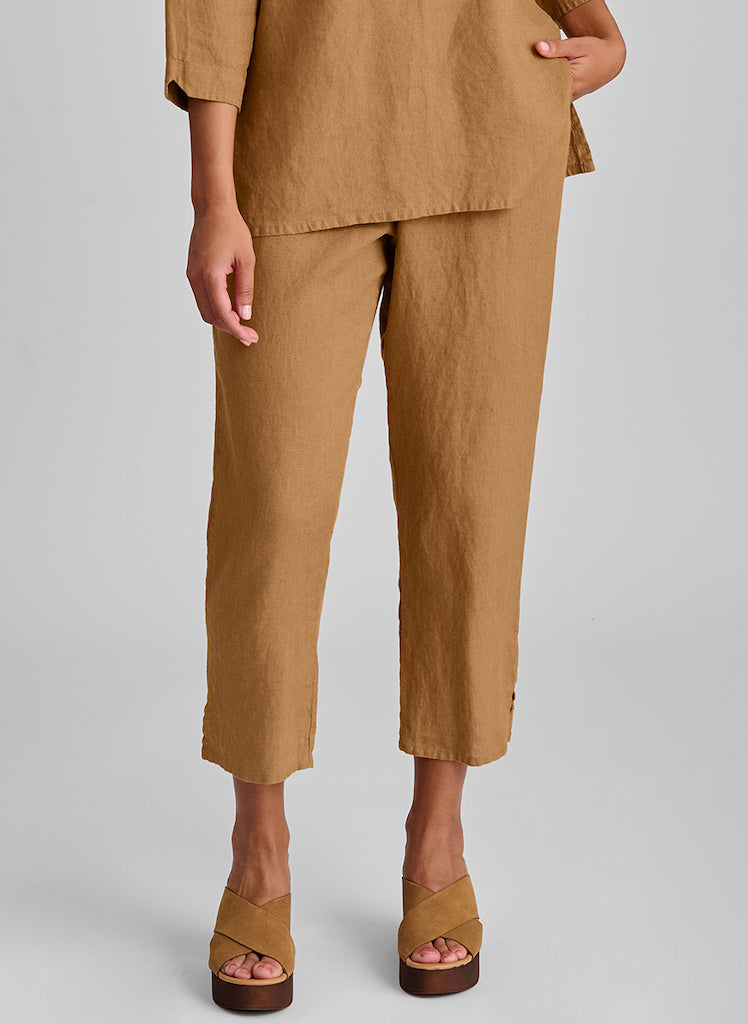 Pocketed Ankle Pant, shown in Ginger, size Small.  Model is 5'9" tall.  100% European Linen, Preshrunk.
