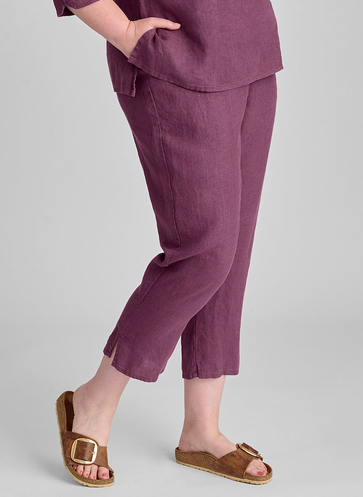 Pocketed Ankle Pant, shown in Sangria, size Medium.  Model is 5'9" tall.  100% European Linen, Preshrunk.