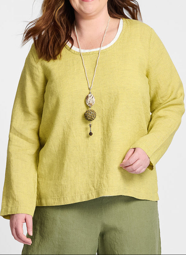 Pure Top (Goldenrod Stripe), layered over the Fundamental Tank (White). Model is 5'9" tall, wearing size Medium.