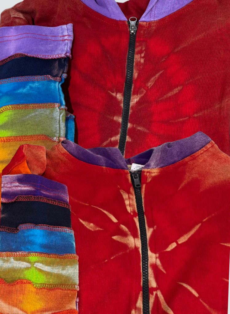 Hooded Jacket, shown in Red Multi. Featuring two different jackets to show the color variation. Each jacket is similar, but slightly different.