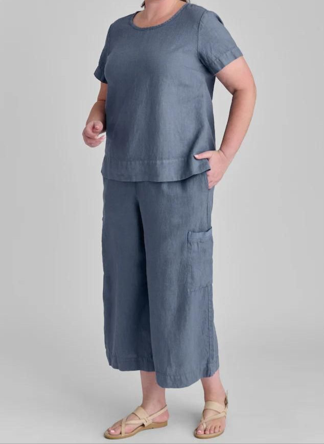 Roadie Tee paired with the Full Time Pant (both shown in Cadet blue) for a matching outfit.  Model is 5'9" tall, wearing size Medium.