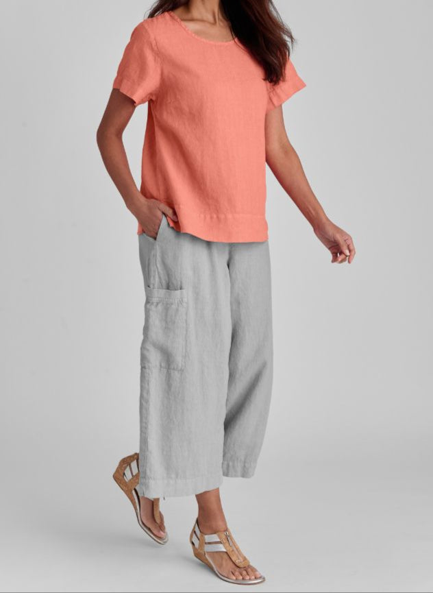 Roadie Tee (Mango) paired with the Full Time Pant (Fog).  Model is 5'9" tall, wearing size small.