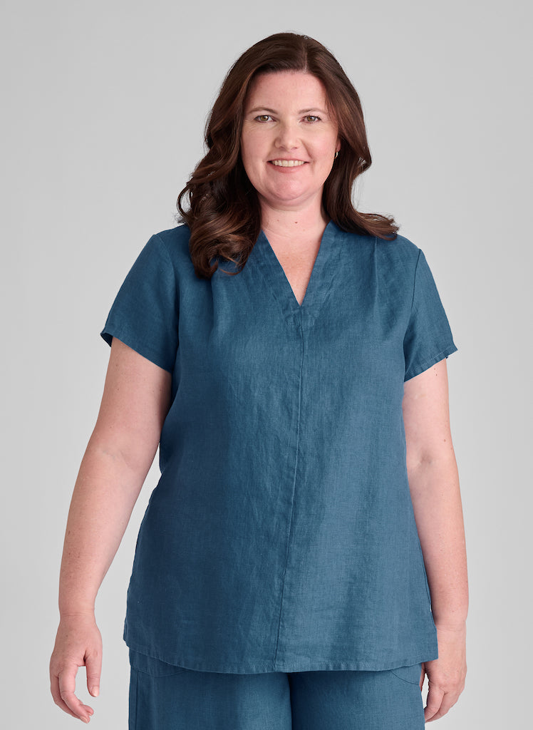 RSVP Tee, shown in Dark Teal, size Medium. 100% European Linen, pre-shrunk, machine washable.