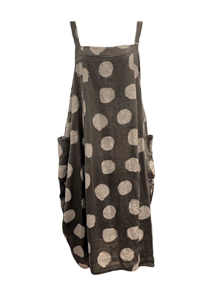 Sleeveless Dot Dress, shown in Cocoa (Brown), one size. 100% Linen, Made in Italy.