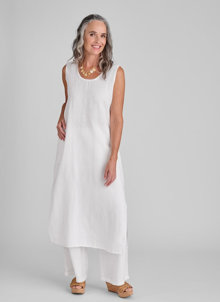 Slipster dress (White) layered over the Flowing Pant (White), size Small.  Model is 5'9" tall.  100% Linen.
