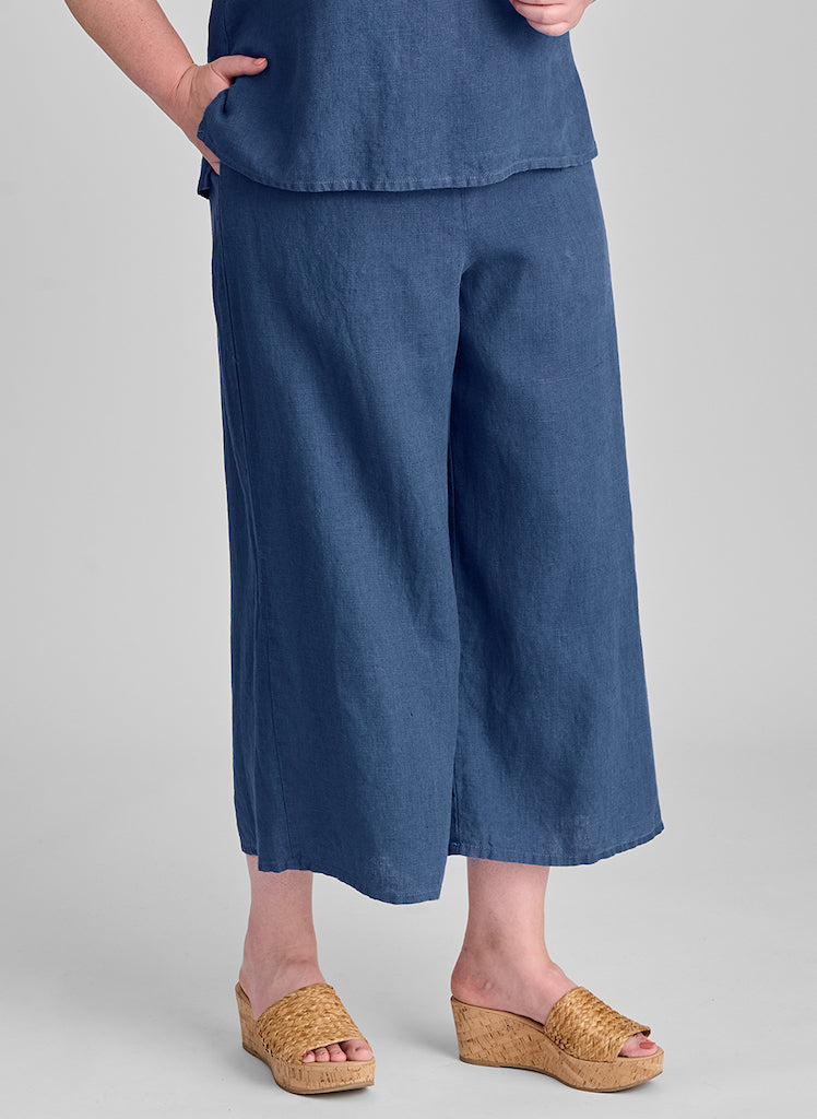 Sociable Flood, shown in Ocean. Model is 5'9" tall wearing size Medium. 100% Linen, Machine Washable.